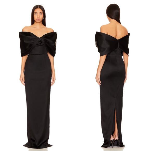 Sau Lee Paloma Off the Shoulder Bow Detail Satin Bodycon Black Maxi Dress Size 4 - Picture 1 of 13